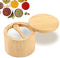 Magnetic Rotating Lid Bamboo Spice Jar with Built in Spoon, 6oz Salt Cellar Small Sal-t Box, Kitchen Salt Pepper Shaker, Easy-Pour Spice Dispenser for Sugar, Herbs, Seasonings(COLOR:Wood)