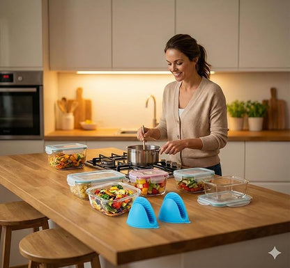 20 Pc Glass Food Storage Containers with Snap Lock Lids, Airtight & Leakproof, Bonus 2 Oven Silicone Gloves, Safe for Dishwasher, Oven, Microwave,Freezer, BPA Free