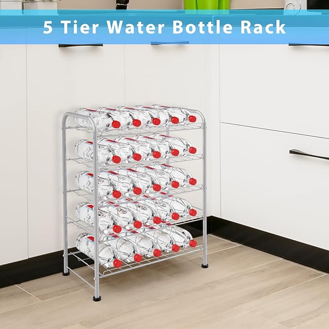 BTY 5 Tier Water Bottle Organizer Small Water Bottle Holder Stand Freestanding Metal Bottled Water Rack Dispenser for Kitchen, Pantry Organization and Storage, Silver