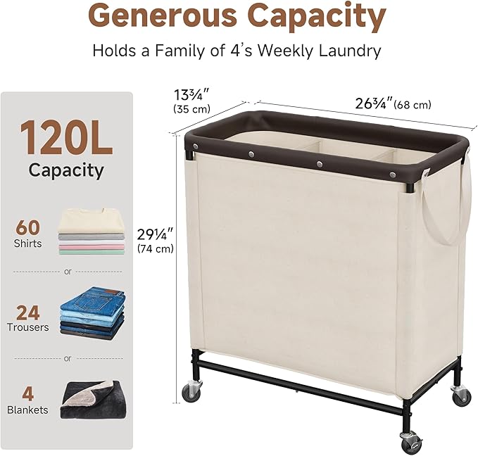 StorageWorks 3 Section Laundry Hamper, Rolling Laundry Cart with Wheels and Handles, Laundry Room Double Sorter for Organizer and Storage, 31.7 Gal(120L), Beige