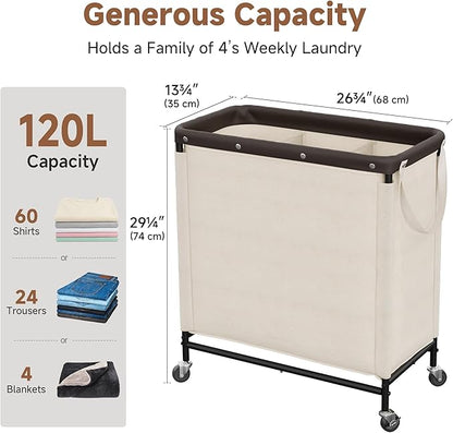 StorageWorks 3 Section Laundry Hamper, Rolling Laundry Cart with Wheels and Handles, Laundry Room Double Sorter for Organizer and Storage, 31.7 Gal(120L), Beige