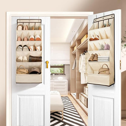 FENTEC 1 Pack Over the Door Shoe Organizers, Hanging Shoe Organizer with Large Deep Pocket Shoe Holder for Closet Shoes Rack for Wall, Over Door Shoe Storage Hold up to 18 Pairs Shoes, Beige