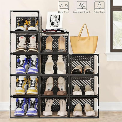 12 Packs Clear Plastic Shoebox With Magnetic Door, X-Large(14"× 10" × 7") Stackable Shoe Box Storage With Lids, Multifunctional Sneaker Containers, Toy Storage, Space-Saving Shoe Rack Black