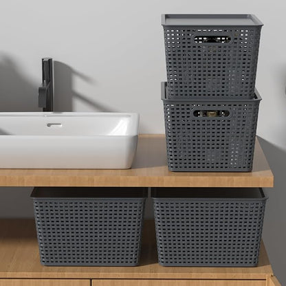 6-Pack Large Plastic Storage Baskets with Lid, Lidded Storage Organizer Bins, Gray