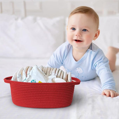 MEGASKET Red Woven Basket, 13" x 9" x 5" Baskets for Gifts Empty, Cute Cotton Rope Cat Dog Toy Bin Box, Small Woven Bin for Organizing, Red Room Decor, Nursery Cloth Diaper Storage Organizer