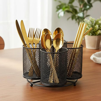 Peohud Rotating Utensil Holder, 4 Compartment Silverware Cutlery Caddy, Metal Flatware Organizer for Spoons, Knives, Forks and Napkin