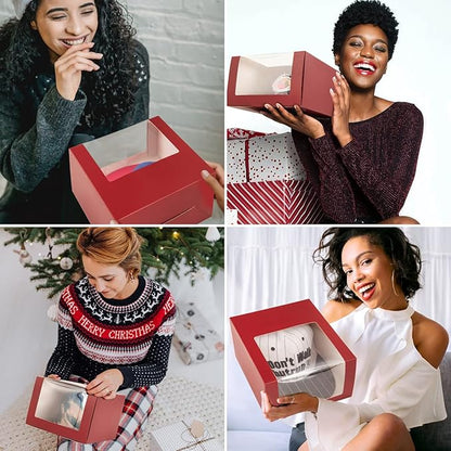 LADYBRO Red Gift Boxes with Window Display for Hat Storage Containter for Baseball Caps (Fitted, Snapbacks, Trucker), 7.8" x 7.8" x 4.8", 10 Pack