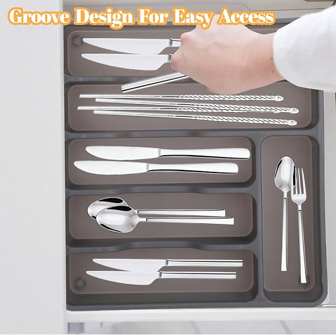Silverware Organizer with Lid,Plastic Utensil Drawer Organizer,Covered Storage Box Flatware Cutlery Drawer Organizer,Utensil Organizer for Kitchen Drawers,Silverware Tray (Gray)
