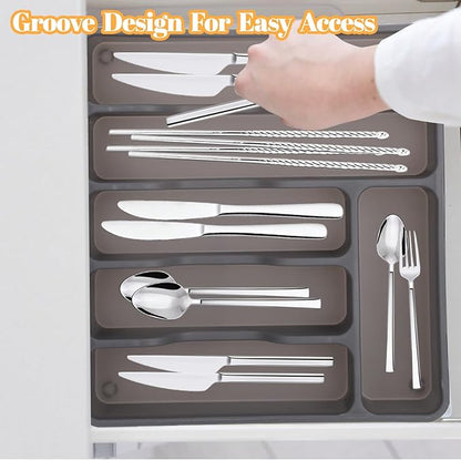 Silverware Organizer with Lid,Plastic Utensil Drawer Organizer,Covered Storage Box Flatware Cutlery Drawer Organizer,Utensil Organizer for Kitchen Drawers,Silverware Tray (Gray)
