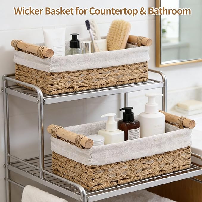 Storage Basket Wicker Baskets for Organizing, Storage Bins for Countertop & Toilet Paper, Toilet Tank Top Organizer (Set of 2, Beige)