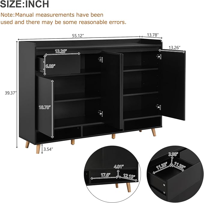 JIVOIT Shoe Cabinet with Adjustable Shelves, Drawer, Sleek and Contemporary Shoe Rack with Solid Wood Legs, Minimalist Home Organizer Storage Sideboard for Entryway, Living Room (Black,167)