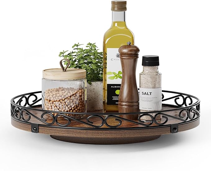 12" Lazy Susan Turntable Organizer for Table Top, Round Wooden Lazy Susan for Cabinet, Farmhouse Decorative Tray for Coffee Table, Kitchen Organizer Countertop, Center Piece Decor, Rustic Brown