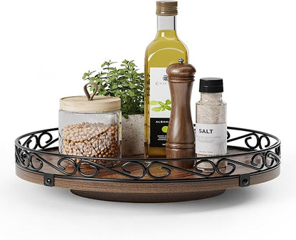 12" Lazy Susan Turntable Organizer for Table Top, Round Wooden Lazy Susan for Cabinet, Farmhouse Decorative Tray for Coffee Table, Kitchen Organizer Countertop, Center Piece Decor, Rustic Brown