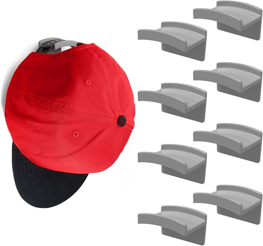 Modern JP Adhesive Hat Hooks for Wall (8-Pack) - Minimalist Hat Rack Design, No Drilling, Strong Hold Hat Hangers - USA Patented, Gray
