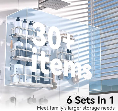 YASONIC Shower Caddy, Large Capacity Bath Organizer with Soap Holder and 12 Hooks, 6 Pack Rustproof Bathroom Shelves for Inside Shower, No Drilling&Sleek Bathroom Organizers and Storage Silver