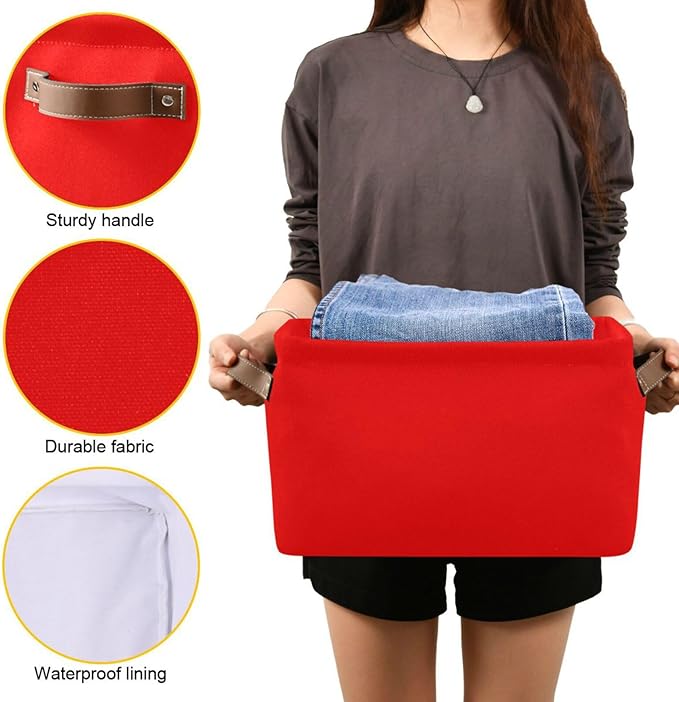 YETTASBIN Red Solid Color Storage Basket 2pc, Large Collapsible Toys Clothes Organizer, Durable Canvas Storage Bin with Handle for Shelves Closet Laundry Home Office Decor