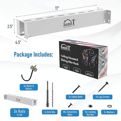 USA Based Ceiling Bike Rack Garage Storage Mount, Bicycle Hanger For Up To 6 Bikes, Sliding 51" Heavy Duty Hook Racks With Padded Hanging Mounts, Hooks Hangers (White, 3 Rails - 6 Hooks)