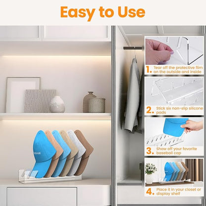 Nicetree Hat Organizer, 2 Pcs No Install Acrylic Hat Racks for 14 Baseball Caps Storage, Hat Stand for Baseball Caps Display and Organizer for Dresser, Bedroom, Closet, Office