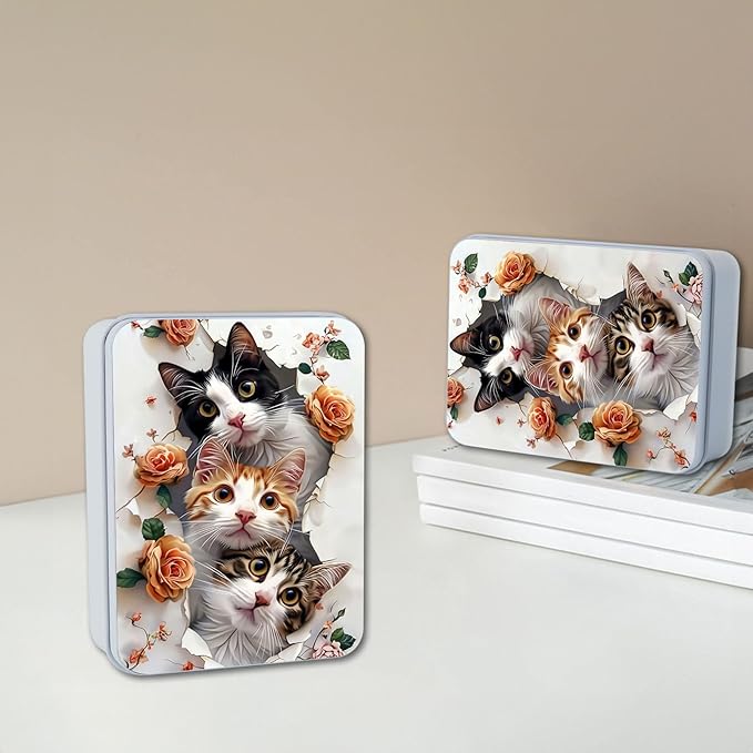 Metal Tin Box with Lid for Game Cards Home Organizer Candles Keys Crafts Storage - Comes with 4 Magnetic Cord Clips，Cute Cats and Roses