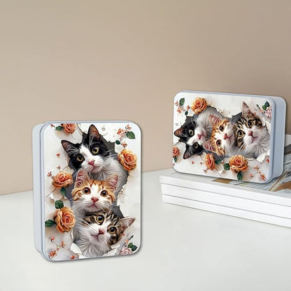 Metal Tin Box with Lid for Game Cards Home Organizer Candles Keys Crafts Storage - Comes with 4 Magnetic Cord Clips，Cute Cats and Roses
