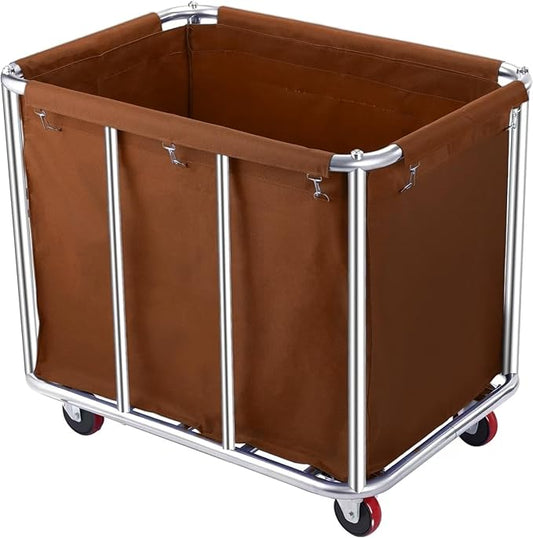 Commercial Laundry Cart with Wheels, 400L Large Capacity Heavy Duty Stainless Laundry Basket,Laundry Sorter for Clothes Storage,330 lbs Load (Brown)