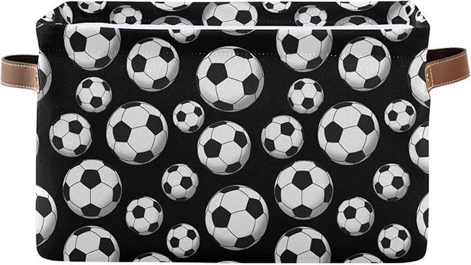 Football Soccer Large Storage Basket Cube Storage Bin Canvas Fabric Organizer Handles Collapsible Decorative for Clothes Toys Bedroom