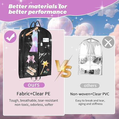 Sishynio Garment Bags for Dance Costumes 3 Pack, 43 Inch Black Kids Garment Bag with 5 Pockets, Waterproof Hanging Clothes Bag for Dance Competitions Cheer Uniform Suit Travel