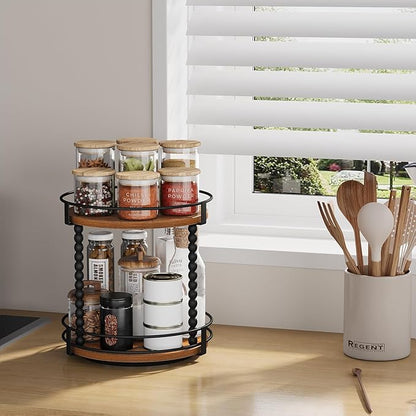 YINMIT Lazy Susan Turntable Organizer, 11.2" Rotating Spice Rack Organizer for Cabinet, Wooden 2 Tier Spinning Spice Rack for Kitchen Countertop, Table Top, Pantry, Bathroom, Brown