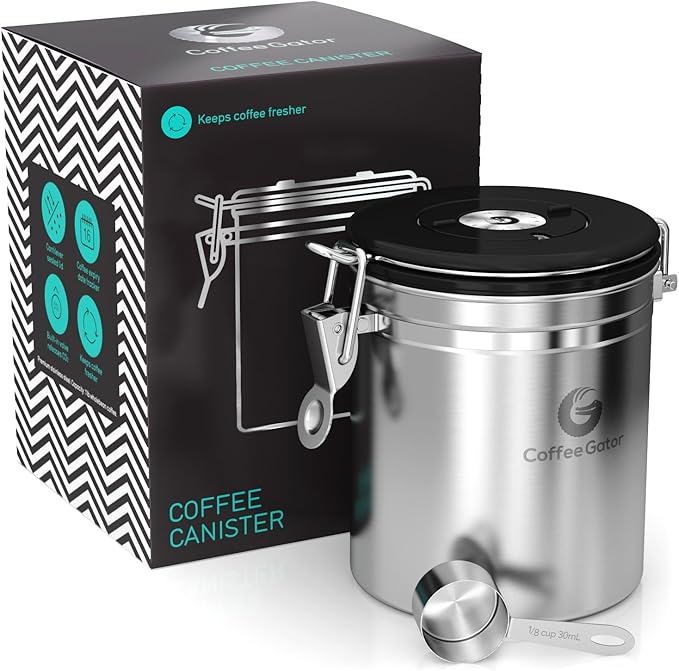 Coffee Gator Coffee Canister – 6” Stainless Steel Airtight Coffee Containers for Ground Coffee w/ Date Tracker, Co2-Release Valve, Measuring Scoop & Travel Jar - Medium, Silver