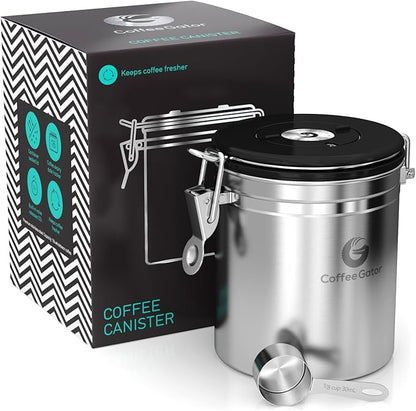Coffee Gator Coffee Canister – 6” Stainless Steel Airtight Coffee Containers for Ground Coffee w/ Date Tracker, Co2-Release Valve, Measuring Scoop & Travel Jar - Medium, Silver