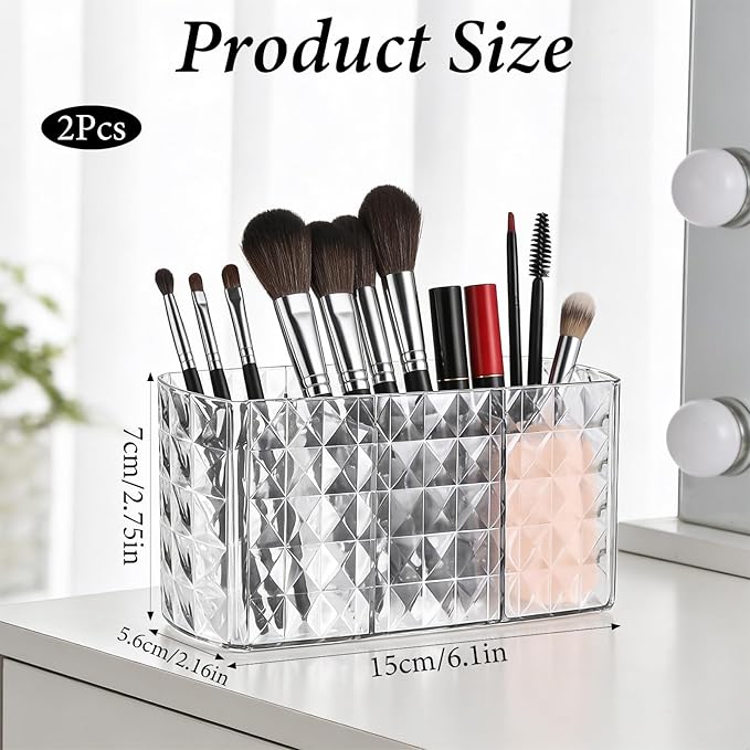 2 Pcs Makeup Brush Holder for Vanity Acrylic Makeup Brush Organizer 3 Compartment Cosmetic Organizer Clear Vanity Organizers for Brushes Pencils Pens Bathroom Living Room Desk