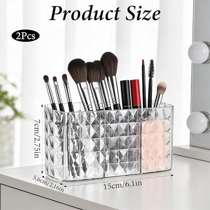 2 Pcs Makeup Brush Holder for Vanity Acrylic Makeup Brush Organizer 3 Compartment Cosmetic Organizer Clear Vanity Organizers for Brushes Pencils Pens Bathroom Living Room Desk