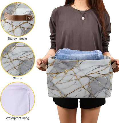 Gold Grey Marble Storage Basket Decorative Fabric Basket Bins Foldable Shelf Closet Basket Storage Box Cube With Handle Organizer Basket For Kids Toys Clothes Bedroom Nursery