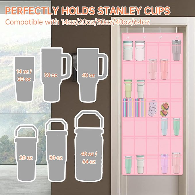 NiHome Multi-Functional 35 Pockets Door Hanging Organizer Fit for Stanley Tumbler in Kitchen, Pantry, Bathroom, Large Capacity Elastic Mesh Secure Storage Water Bottle Cup Holder, Foldable (Pink)