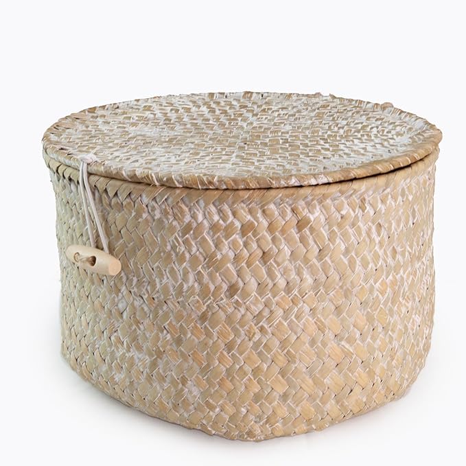 Seagrass Handmade Basket with Lid, Small Round Basket for Storage, Decorative Home Organizer Decor(7"L X 5"H, White)