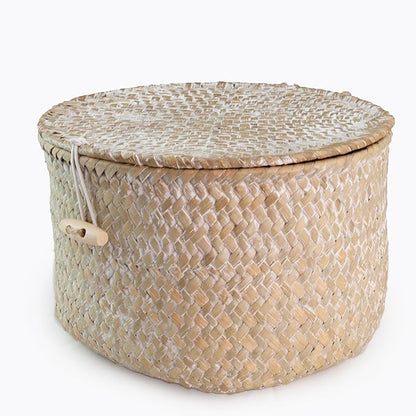 Seagrass Handmade Basket with Lid, Small Round Basket for Storage, Decorative Home Organizer Decor(7"L X 5"H, White)
