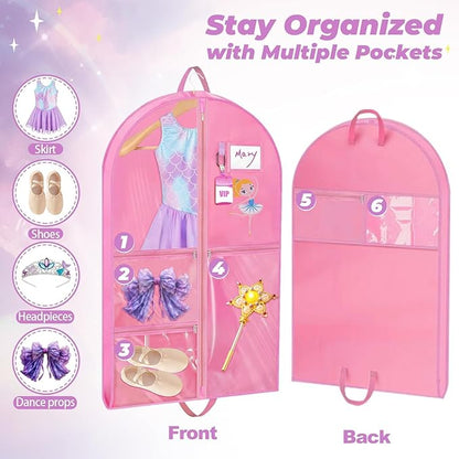 Hanging Dance Garment Bag, 40 Inch Waterproof Costumes Bag for Travel, Pink Clothes Bag with 5 Pockets for Dance, Sports, Skating, Beauty Pageants, Theatre (With Cartoon Girl Print)