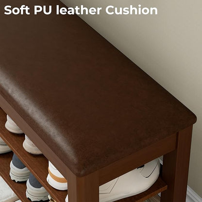 Homleke Shoe Rack Bench with Flip-Top Storage, Solid Wood Entryway Bench with Cushion, Adjustable Shelf, for Hallway, Mudroom, Closet – Walnut, 47.2"