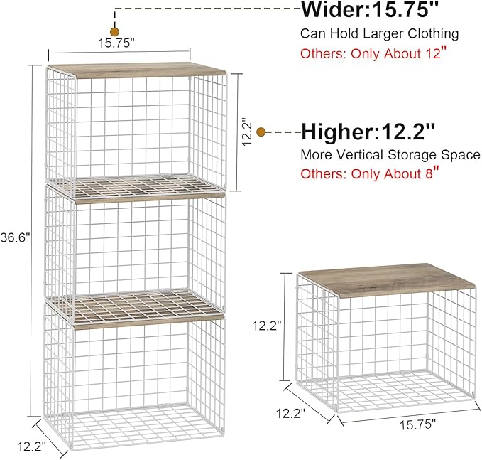 Closet Organizers And Storage Shelf, 3Pack Stackable Closet Storage Bin Basket For Clothes Sweaters With Top Board, Widened Opening, Heightened Height, Large Capacity Sturdy Clothing Storage Organizer