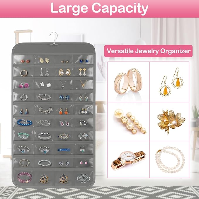 2 Pack Hanging Jewelry Organizer, 80 Clear Pockets earring organizer and storage, Accessories holder organizer for Closet, Jewelries, Necklace, Travel