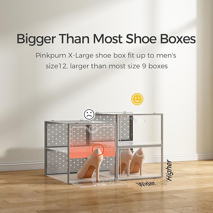 Pinkpum 15 Pack X-Large Shoe Storage Boxes Fit Size 11, Shoe Organizer for Closet Clear Plastic Stackable Shoe Dispaly Case Bins Holder, Sneaker Storage for Sneakerheads Gray