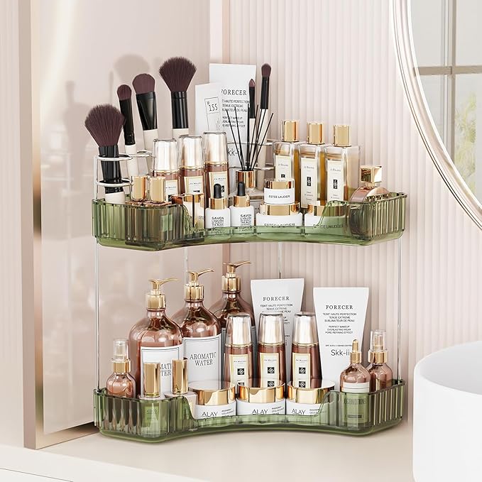 Asayuee 2-Tier Corner Bathroom Counter Organizer with Top Toothbrush Holders,Large Makeup Organizer Countertop with Brush Holder,Skincare Organizers Corner,Exquisite Vanity Organizer(Green, 2 Tier)