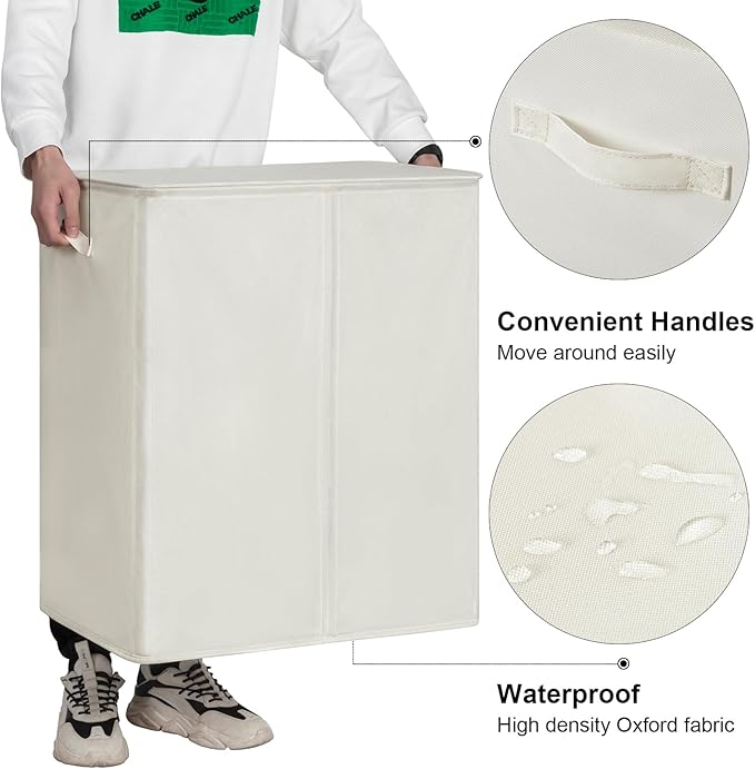 WOWLIVE 140L Double Laundry Hamper with Lid and Removable Laundry Bags, Large Dirty Clothes Hamper 2 section Collapsible Laundry Basket Dorm Room Storage for Bedroom, Bathroom, College,Beige