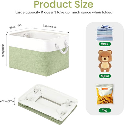 Large Storage Baskets- 15x11x10 inch Storage Bins for Shelves and Closet Organizing, Foldable Fabric Bin for Home Organization Clothes and Laundry (3-Pack, White&Green)
