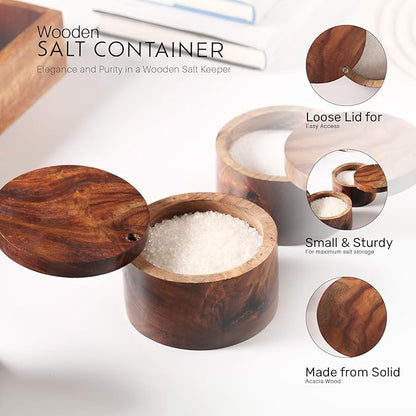 KH Acacia Wood Salt or Spice Box with Swivel Cover perfect for keeping table salt, Salt Cellers, gourmet salts, herbs or favorite seasonings, 3.5 (dia) x 2.5 Inch (height)