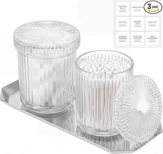 2 Pcs Crystal Glass Candy Jars Set with Lids and Stainless Steel Vanity Tray, Q tip Holder, Apothecary Jars, Glass Bathroom Accessories Organizer, Esthetic Modern Bathroom Decor(Clear)