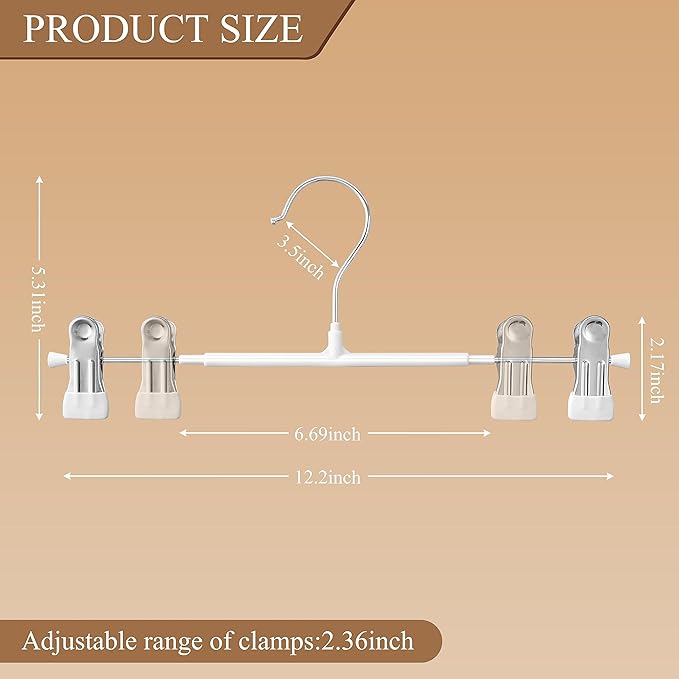 Pants Hangers with Clips 60 Pack Adjustable Skirt Hangers for Women Non-Slip Trousers Hanger for Jeans Shorts Clothes Hanger for Pants Heavy Duty Space Saving,White,12Inch