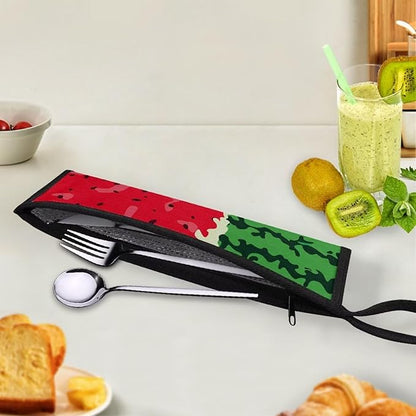COEQINE Travel Silverware Case for Women Novlety Watermelon Pattern Silverware Bag Portable Leafproof Lightweight Cute Flatware Organzier With Handles