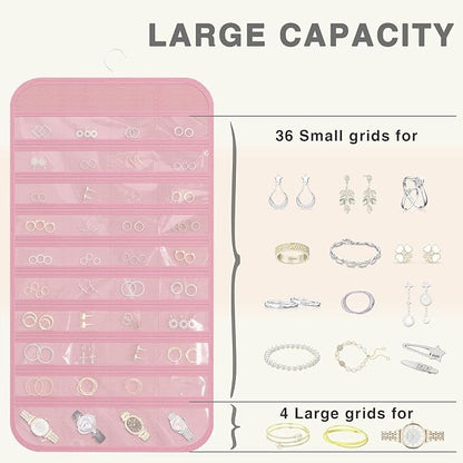 2-Pack Hanging Jewelry Organizer Storage, 40 Pockets 36 Hooks Necklace Earring Necklace Bracelet Ring Organizer, Double - Sided Design, Pink