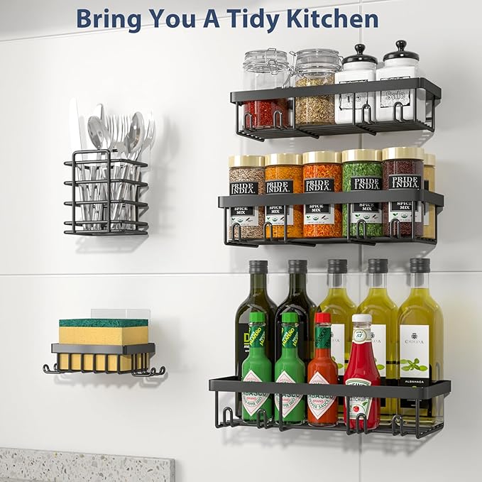 Liuoud 5 Pack Shower Caddy Organizer Rack Shelf for Inside Shower, Adhesive Bathroom Wall Storage Basket Rustproof Stainless Steel Shampoo Holder, Bathroom Accessory Decor Set, Black.